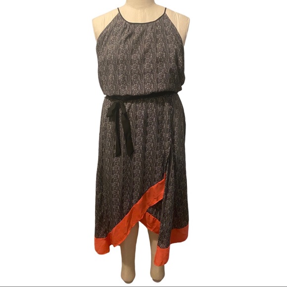 Asymetrical Scarf Dress with Black/Grey/Beige Print, Pink Hem & Black Belt - Picture 1 of 3